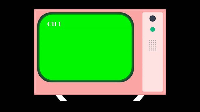 Pink Retro Television Set Transitioning from Static Noise to Green Screen Chroma Key with CH 1 Channel Indicator