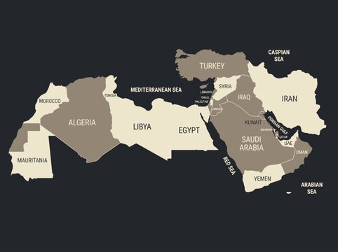Minimalist MENA Map Illustration - Political Map of Middle East and North Africa Countries with Labels on Dark Background