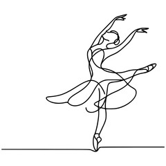 Elegant black continuous line art of a ballerina performing a graceful pose with flowing tutu and arms raised on a simple white background, symbolizing art and movement © ZinMe Be