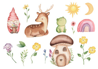 Naklejka premium Watercolor garden gnome, deer, frog, mushroom house illustration for kids