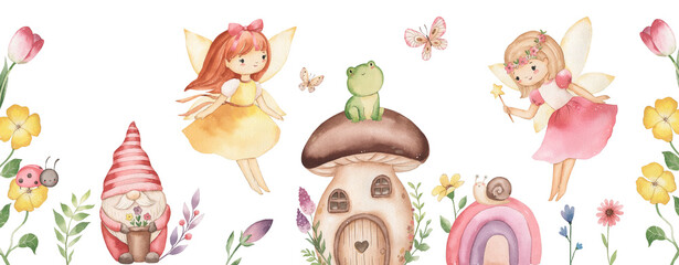 Watercolor flower fairy garden banner illustration for kids © Olga Listopad