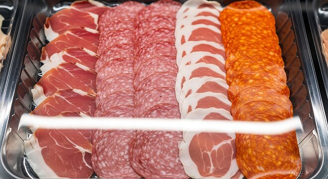 Assorted cold cuts platter featuring thin slices of prosciutto, salami, capicola, and pepperoni arranged in rows inside a plastic container