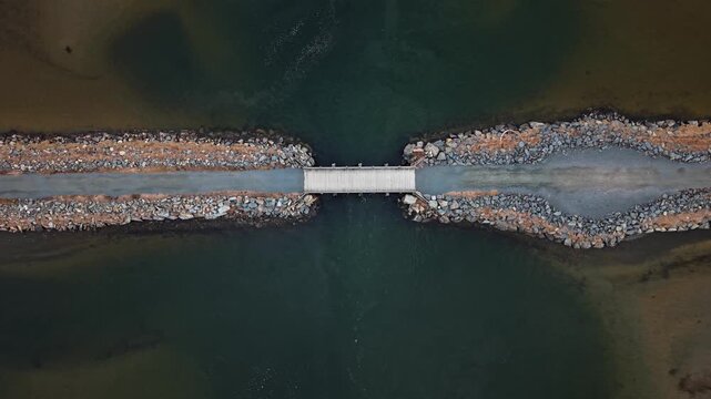 Aerial View Gravel Stone Causeway With Wooden Bridge Across Marsh Wetland Cole Harbour Heritage Park Halifax Nova Scotia Canada Salt Marsh Trail Coastal Landscape Scenic Nature