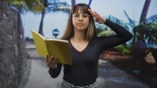 Woman holds yellow notebook with left hand and salutes with right hand in a studio; studious concentration.