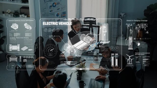 A dynamic meeting of professionals focused on electric vehicle innovations, featuring a digital interface that presents key data and graphics in a sleek office setting. Raster