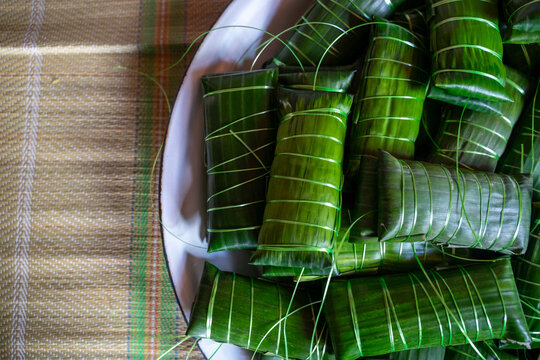 Traditional Indonesian Lemper Wrapped in Banana Leaves