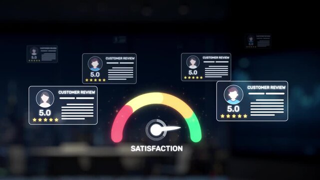 A futuristic dashboard showcasing customer satisfaction metrics, featuring a robotic hand pointing at reviews and ratings, emphasizing technology and interaction in business analysis. Synapse