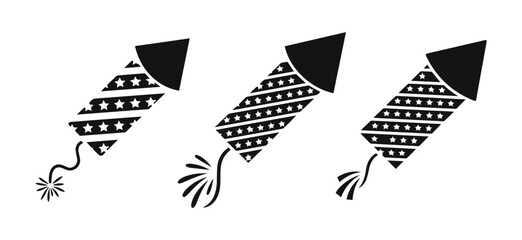 Minimalist black firework rocket with stars and stripes silhouette vector icon set © VEC Wizard