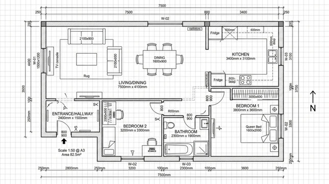 Architectural Blueprint of a House Floor Plan.
