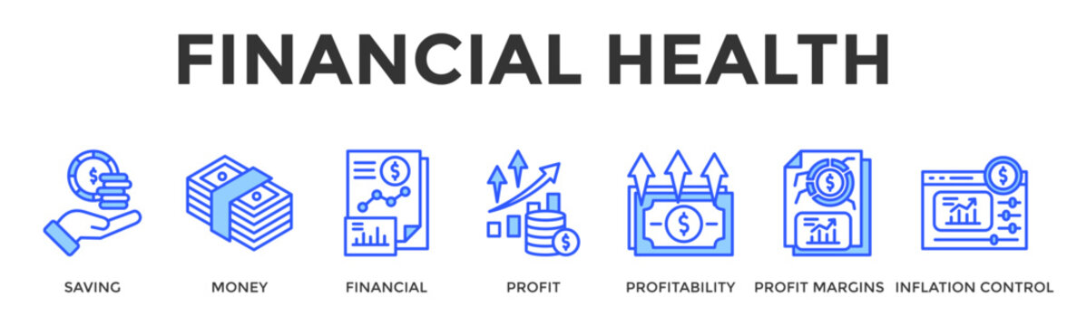 Financial Health  Banner Web  Icon Set Collection Pack Vector Illustration Concept Containing Saving, Money, Financial, Profit, Profitability, Profit Margins, Inflation Control