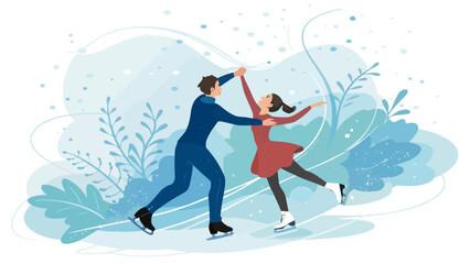 Fototapeta premium Couple ice skating in a winter landscape with snow and plants ice rink outdoor sport winter season active lifestyle winter park landscape relationship recreation activity outdoors together
