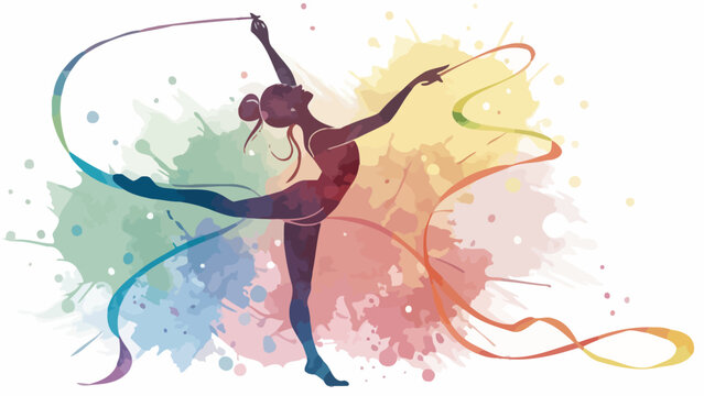 Silhouette of a rhythmic gymnast in action with a flowing ribbon rhythmic gymnastics white background silhouette performance graceful flexible artistic movement elegance abstract splatter