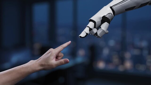 A striking image showing a human hand reaching towards a robotic arm, symbolizing the synergy between technology and human intelligence in a night-time urban setting. Synapse