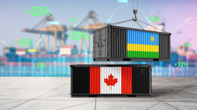 Trade Harmony: An illustration of a cargo container representing Rwanda being lifted by a crane over a Canadian container, against the backdrop of an active port.