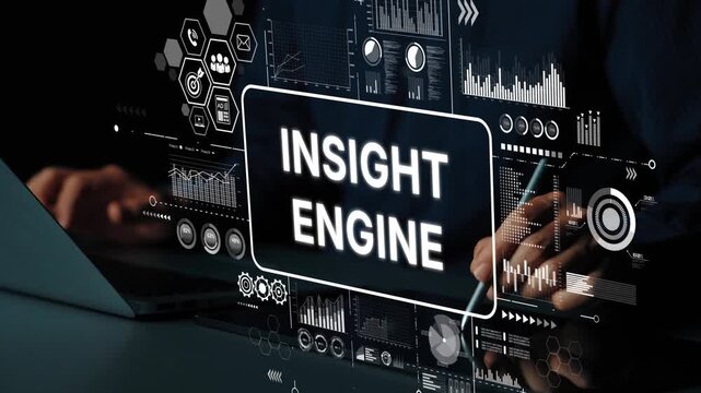 Hands Typing on Laptop with User Interface Elements Highlighting Insight Engine Technology and Data Analytics Concepts. Asymptotic smart data analytic.
