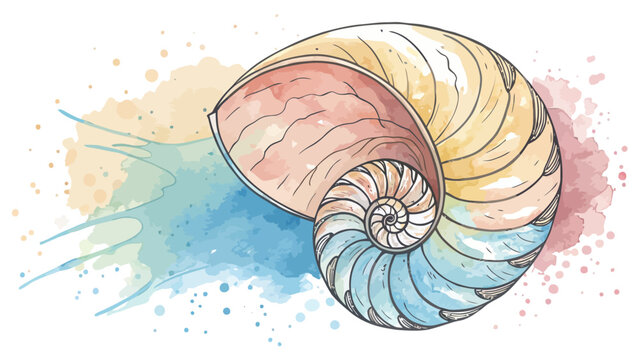 Cross section of a nautilus shell with colorful watercolor splashes geometry watercolor background abstract illustration painting mathematics fibonacci evolution creation colorful close