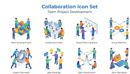Fototapeta premium Team collaboration and project workflow icon set with teamwork, coordination and business communication symbols