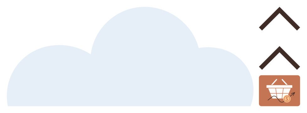 Cloud computing, e-commerce, online shopping, digital storage, internet services, file sharing. A cloud shape with arrows and a shopping cart icon. Cloud computing and e-commerce illustration