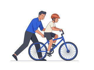 Naklejka premium Father Teaching Son to Ride a Bicycle Illustration. Parent Helping Child Learn to Cycle. Flat Vector Style Design.