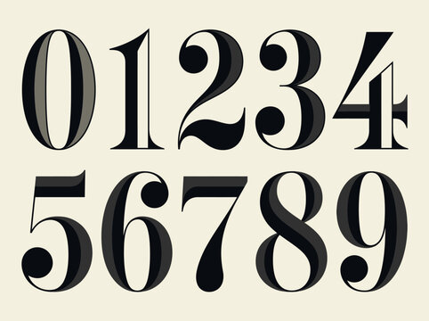 Elegant Vintage Serif Numbers Set 0-9 with 3D Beveled Effect. Classic Black Numerical Font for Luxury Branding, Editorial Design, and Sophisticated Typography.