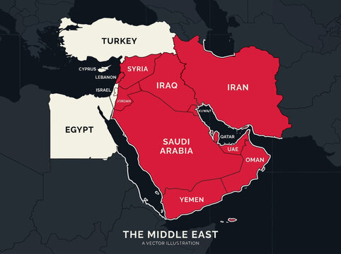 Modern Middle East Political Map Vector with Country Borders and Labels - Includes Saudi Arabia, Iran, Iraq, Turkey, and Egypt