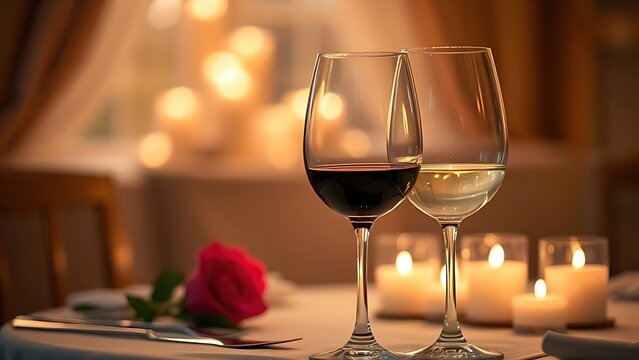 candlelit. Romantic dinner setup with two wine glasses illuminated by candlelight, creating an intimate ambiance. lifestyle magazines.