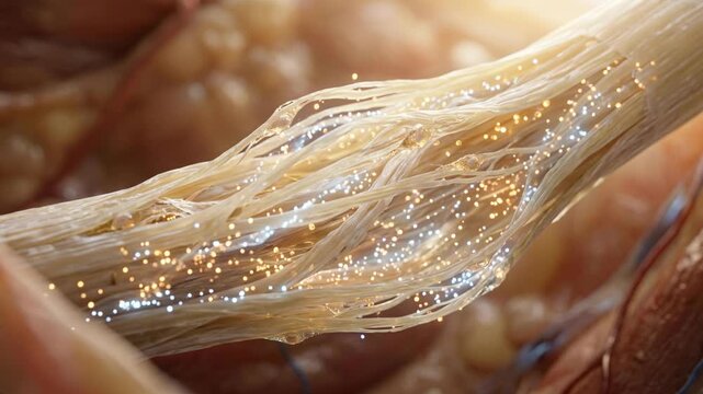 Close-up of a biological nerve fiber with sparkling particles.