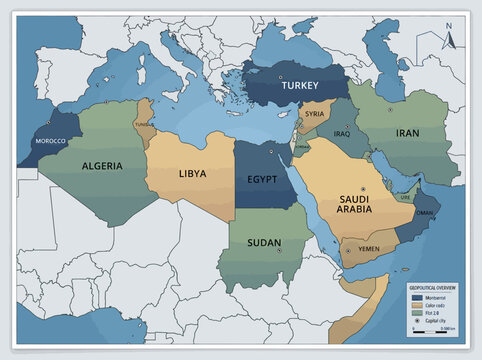 Geopolitical Map of the Middle East and North Africa MENA Region Highlighting Country Borders and Capitals
