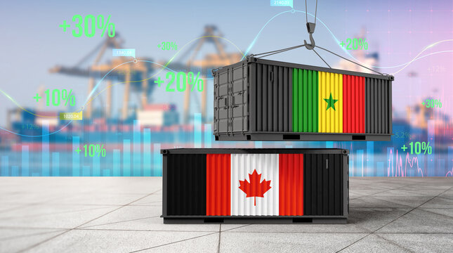 Trade Partnership: Canada and Senegal flags are displayed on shipping containers, symbolizing trade and collaboration against the backdrop of a port.