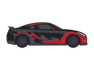 Fototapeta premium Custom Black and Red Sports Car Illustration with Flame Decals - Side Profile Vector