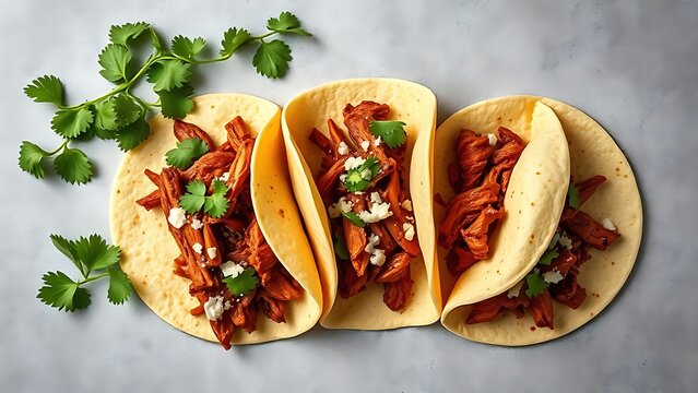 carnitas. Three Mexican pork carnitas tacos arranged in an artistic flat lay composition, culinary still life with rustic background. menu design.