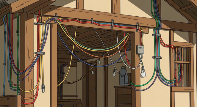 Exterior view of a building with exposed electrical wiring and conduits.
