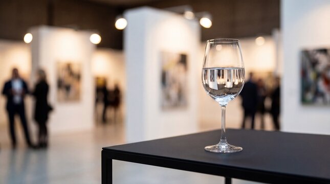 Close-up of a water glass at an art gallery exhibition opening with blurred crowd and artwork in the background