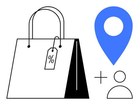 Retail, e-commerce, consumer behavior, location tracking, online shopping, sale promotions. Shopping bag with a tag, blue location pin user icon. Retail and e-commerce concepts