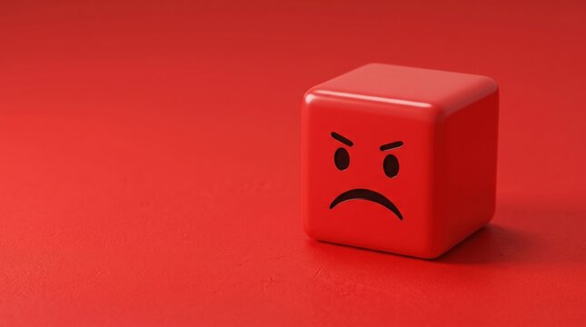 Red cube with sad face expression on vibrant red background minimalist design frustration concept