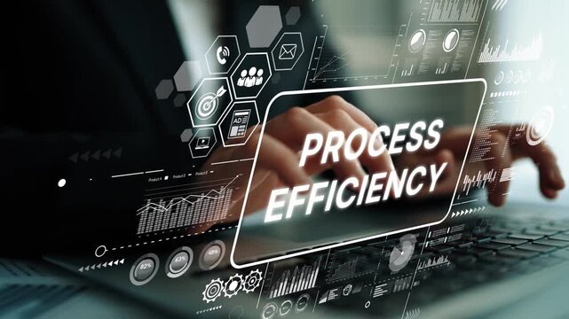Hands on Laptop with Digital Interface Showing Process Efficiency and Modern Technology Concepts for Business Improvement. Asymptotic smart data analytic.
