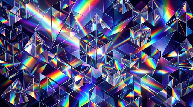 Abstract Geometric Crystal Prisms Refracting Light into a Spectrum of Rainbow Colors and Creating a Dazzling Display of Refraction Patterns