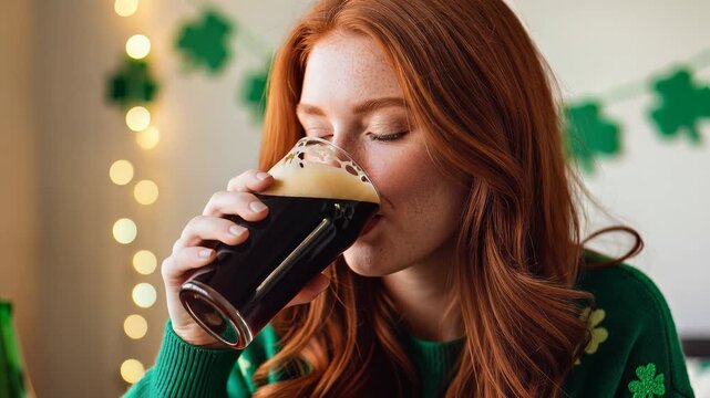 Redhead woman drinking stout beer celebrating St Patricks Day.