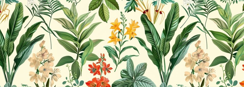 Tropical Floral Delight A vibrant display of lush tropical foliage and blossoming 
