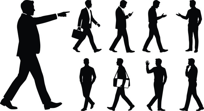 Business, businessman, silhouette, set, walking, professional, office, worker, corporate, collection, management, leadership, communication, team, career, success, executive, background, isolated, sma