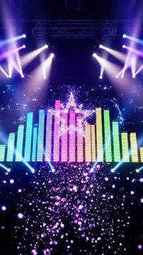 Colorful equalizer bars pulse with light and particles on a dark stage