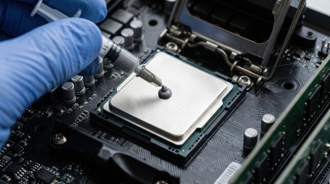 Applying thermal paste to a computer processor on a motherboard