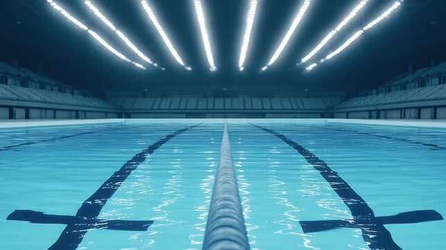 Professional indoor swimming pool with lane dividers, overhead lighting, and seating areas in a modern aquatic facility for training, competition, and leisure