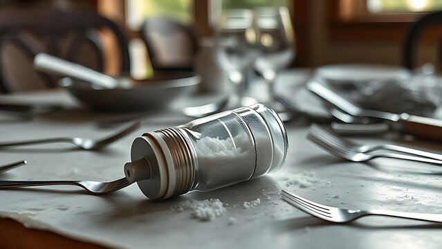 mediocrity. An overturned salt shaker on a dining table with scattered utensils in natural window light. menu design, packaging mockups, designed for culinary blogs and recipe cards for restaurants.