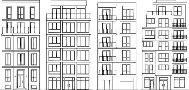 Minimalist architectural facade vector set, modern building fronts with windows, doors, balconies and structural details in thin line outline style isolated on white background