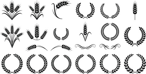 Elegant Collection of Wheat Stalks and Laurel Wreath Vector Icons Representing Agriculture, Harvest, Victory, and Classical Nature Motifs © Muntaseer