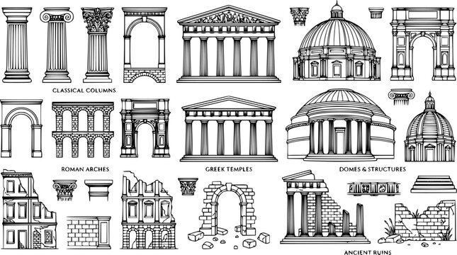 Linear ancient architecture vector bundle, classical columns, arches, domes and ruins in thin line style isolated on white background, historical construction illustration set