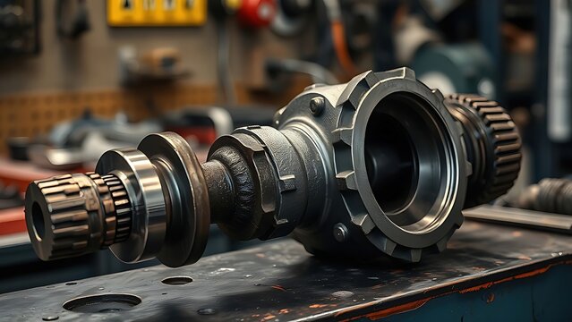crankshaft. Metal crankshaft on workshop bench with oil sheen, industrial detail, metallic texture. safety posters.