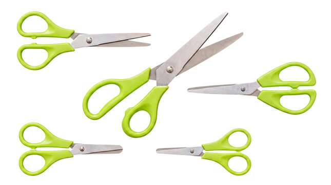 Multiple green-handled scissors of various sizes arranged creatively, sharp blades, transparent background.
