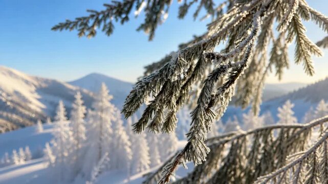 Frost-covered pine branches in snowy mountains during sunny winter morning, peaceful seasonal landscape for travel, nature, climate, holiday and outdoor recreation themes.